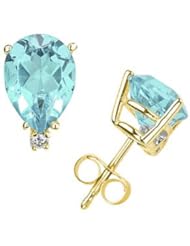 9X7mm Pear Aquamarine and Diamond Stud Earrings in 14K Yellow Gold