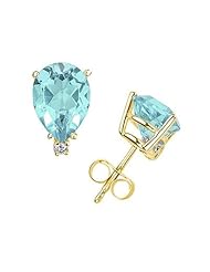 12X8mm Pear Aquamarine and Diamond Stud Earrings in 14K Yellow Gold