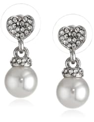 Betsey Johnson "Crystal Rhodium" Crystal Heart and Pearl Drop Earrings