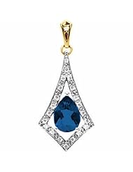 14K Two-Tone Gold Pear Cut Chatham Created Sapphire and Diamond Pendant -- LIFETIME WARRANTY
