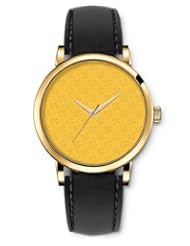 SPRAWL Aanalog Fashion Series Gold Ladies Watches of Genuine Black Leather Strap,Unique Wrist Watch for Women Girls Designed with Flowers on yellow background