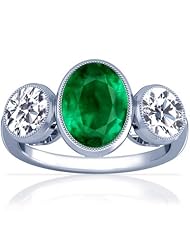 14K White Gold Oval Cut Emerald Three Stone Ring