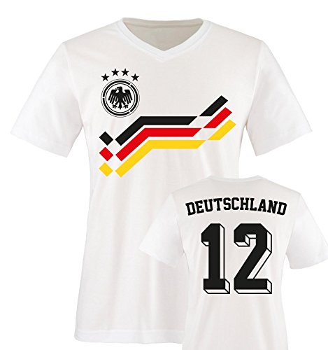 EM 2016 – RETRO-TRIKOT – DEUTSCHLAND – 12 – Herren V-Neck T-Shirt – Weiss / Schwarz-Rot-Gelb Gr. M