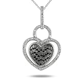 1/4CTW Genuine Black and White Diamond Double Heart Pendant in .925 Sterling Silver