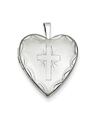 Sterling Silver 20mm Satin & Diamond-Cut Cross Heart Locket
