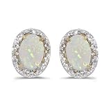 14K Yellow/White Gold 0.02 ct. Diamond and 6 x 4 MM Oval Shaped Opal Earrings