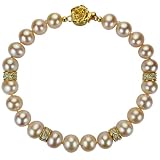 Peach 7-8mm AAA Cultured Pearl Strand 18K Yellow Gold Overlay Sterling Silver Diamond Cubic Zirconia Roundel Bracelet 7" LS1R2)