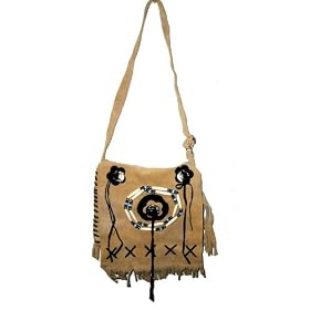 Cowgirl's Lady Biker's Leather Shoulder Bag with Fringes, Bones and Beads-Dark Tan
