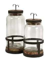 Set of 2 Rustic Old Fashioned Glass and Metal Jar Canisters 15"