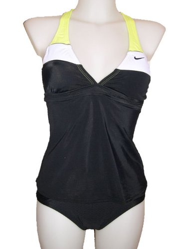 Womens Nike Tankini Bikini Swimsuit, Black/White/Yellow Colorblock, Athletic, sz 8