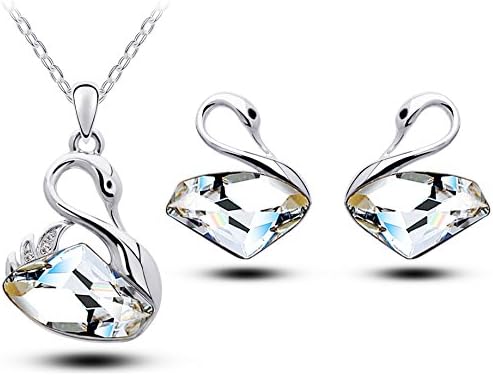 Everbling Swan Clear Swarovski Elements Crystal Pendant Necklace 18" and Earrings Jewelry Set