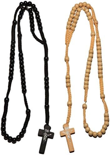 2pc Ivory & Black Colored Wooden Beads Rosary Necklaces with Jesus Imprint Cross