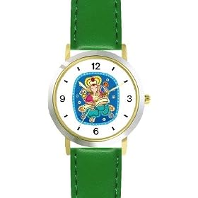 Lord Ganesha Hindi Religion - WATCHBUDDY� DELUXE TWO-TONE THEME WATCH - Arabic Numbers - Green Leather Strap-Size-Large ( Men's Size or Jumbo Women's Size )