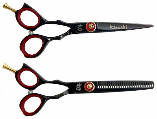 Kissaki Left Handed Pro Hair Black Titanium Sensuki L 55 Hair Cutting Shears and Daisaku L 26 tooth Thinning Scissors Combo