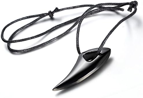 Flongo Black Wolf Tooth Spear Style Stainless Steel Tribal Men's Pendant Necklace, Adjustable Chain