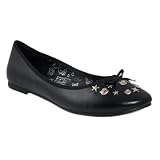 Women's Twenty10 Sanrio Hello Kitty Carmine Bow Flats Dress Shoes with Metal Hello Kitty Faces and Stars Studs Black