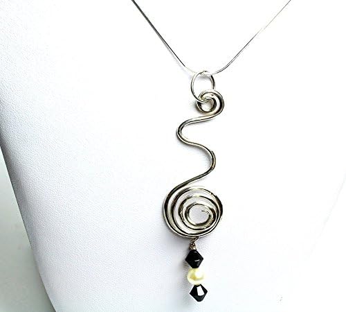 Sterling Silver Spiral Necklace with Swarovoski Crystal Passion and Cream Freshwater Pearl, Abstract, Contemporary Pendant, 18 inch Snake Chain
