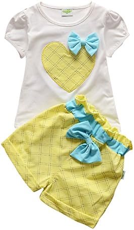 EFZQ Little Girls' 2 Piece Short and Top Set with Love Bow Yellow 18-24 Month