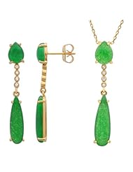 Sterling Silver Gold Plated Silver Green Jadeite Necklace and Earrings Set