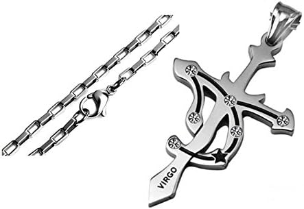 Virgo Stainless Steel Unique Sign Crosses Shape Fashion Pendant Necklace, Silver, 2.5 mm 24 inch Chain