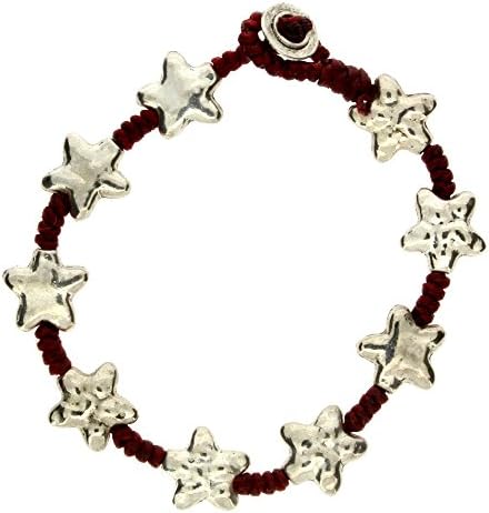 Hammered Star Silver Alloy Bracelet Waxed Linen Wristband Bali Jewelry