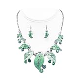 Green Leaf Statement Necklace Earrings Set Fashion Jewelry