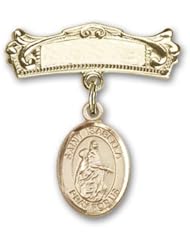 Gold Filled Baby Badge with St. Isabella of Portugal Charm and Arched Polished Badge Pin