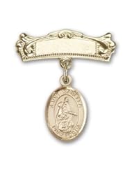 14K Gold Baby Badge with St. Isabella of Portugal Charm and Arched Polished Badge Pin