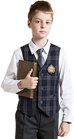 Navy blue and grey v-neck plaid slim fit button suit vest for boys