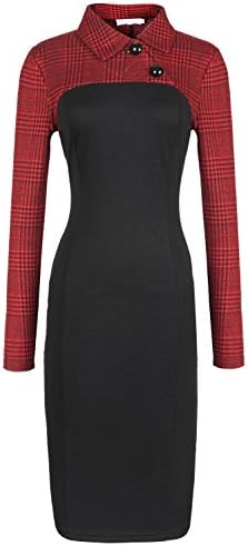 PAKULA Women's Business Long Sleeve Patchwork Gird Collar Midi Dress