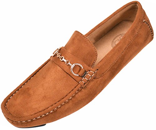 Amali Mens Cognac Plush Microfiber Loafer Driving Shoe with Silver Chain Ornament: Style Ecker-215