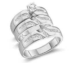 Size - 7 - 10k White Gold Mens and Ladies Couple His and Hers Trio 3 Three Ring Bridal Matching Engagement Wedding Ring Band Set - Round Diamonds - Solitaire Center Setting (1/4 cttw, H Color, I1 Clarity)