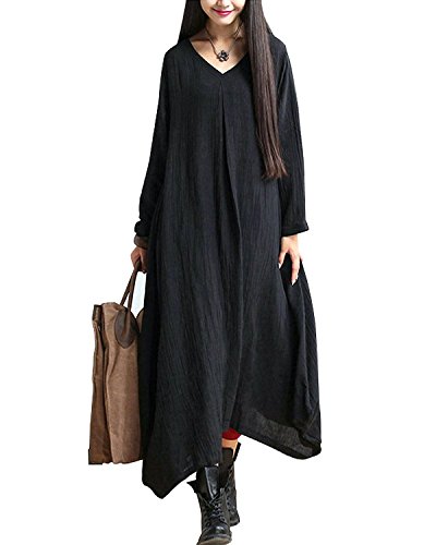 Spargel 大人 ナチュラル コットン マキシ 丈 長袖 ワンピース レディース ロング 丈 シンプル ブラック 黒 ゆったり 大きい フリー サイズ