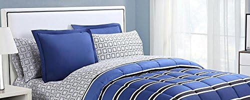 Modern Rugby Stripes Blue Black & White Queen Complete Bedding Set (8 Piece Bed in a Bag)