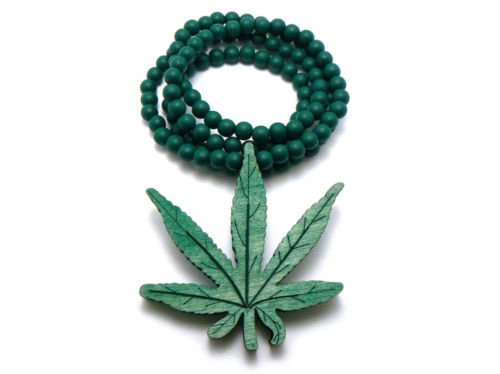 Green Wooden Marijuana Leaf Pendant with a 36 Inch Beaded Necklace Chain Good Quality Wood