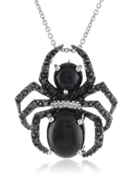 Sterling Silver Onyx with Genuine White and Black Diamonds Spider Pendant Necklace, 18"