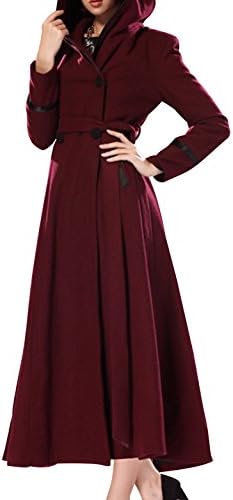 FRDX ladies Fashion Fit Hooded Belted Solid Color Maxi Length Wool Coat Red XL