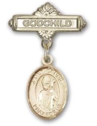 Gold Filled Baby Badge with St. Dennis Charm and Godchild Badge Pin