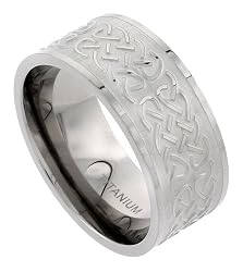Titanium10mm(3/8in.)FlatComfortFitWeddingBandRingw/PolishedCelticKnotworkonFrostedBackground(AvailableinSizes7to14),size8.5