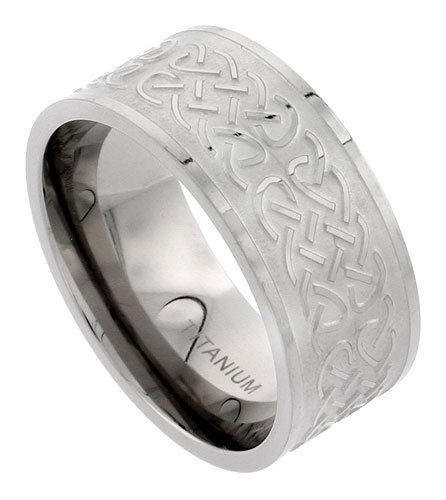 Titanium 10 mm (3/8 in.) Flat Comfort Fit Wedding Band Ring w/ Polished Celtic Knot work on Frosted Background (Available in Sizes 7 to14), size 8