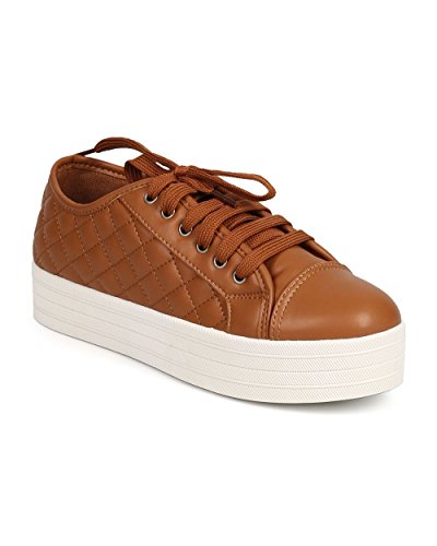 Breckelles DI87 Women Leatherette Quilted Cap Toe Flatform Sneaker - Tan (Size: 6.0)