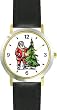 Santa Claus and Christmas Tree Christmas Theme - WATCHBUDDY&reg; DELUXE TWO-TONE THEME WATCH - Arabic Numbers - Black Leather Strap-Women's Size-Small