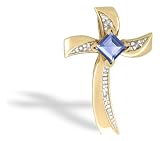 14K Yellow Gold Genuine Square Tanzanite and Diamond Cross Pendant