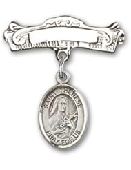 Sterling Silver Baby Badge with St. Therese of Lisieux Charm and Arched Polished Badge Pin