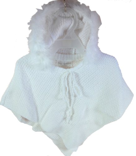 Baby's Trousseau White Faux Fur Trim Knit Girls Pancho with Hood