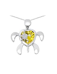 Original Star K (tm) Good Luck Mother and Child Turtle Pendant with Heart Shape Simulated Citrine in 925 Sterling Silver