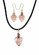 Necklace & Earring Set - N485 - Murano Style Glass Heart with Copper Flecks Hung on 16" Black Velvet / Flock Cord with 2" Extension Chain and Matching Earrings ~ Peach, Clear and Copper