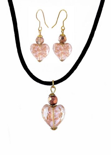 Necklace & Earring Set - N485 - Murano Style Glass Heart with Copper Flecks Hung on 16
