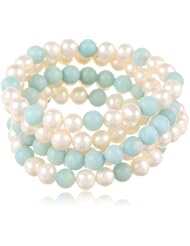 8-8.5mm Freshwater Cultured White Pearl and Amazonite Set of 5 Stretch Bracelets (148.00 cttw), 7.5"
