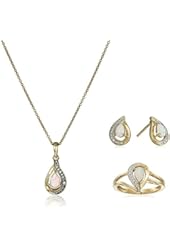 Sterling Silver Over Yellow Gold Flash Plating Pear Shape Simulated Opal with Round Created White Sapphire Ring, Earrings and Pendant Necklace Jewelry Set, Size 7